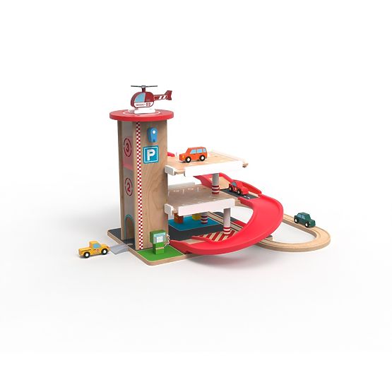 2Kids Toys Drvena garaža s vlakovnom stazom