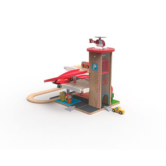 2Kids Toys Drvena garaža s vlakovnom stazom