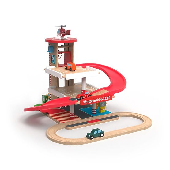 2Kids Toys Drvena garaža s vlakovnom stazom