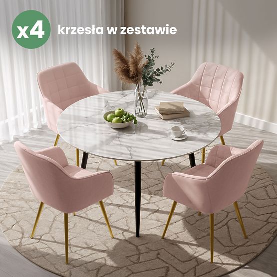 4x Tapecirana stolica s kvadratnim prošivom Puder Ružičasta LUXANO Zlatne noge