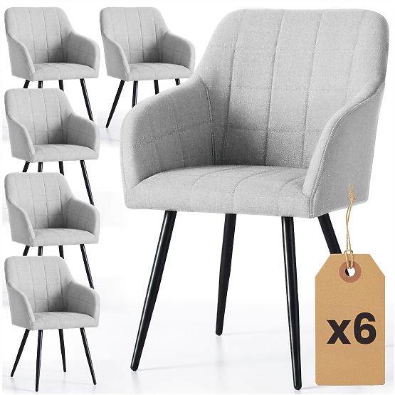 6x Tapecirana stolica s kvadratnim prošivima Svijetlosiva LUXANO Crne noge tkanina Lumos