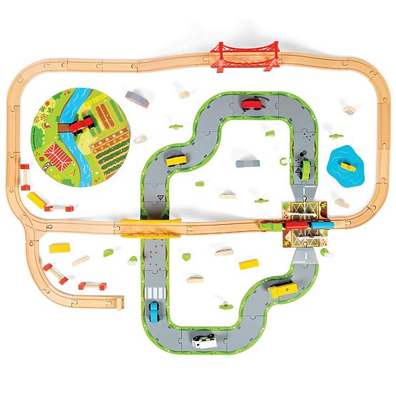 Bigjigs Rail Drvena željeznička pruga sa seoskom cestom 80 dijelova