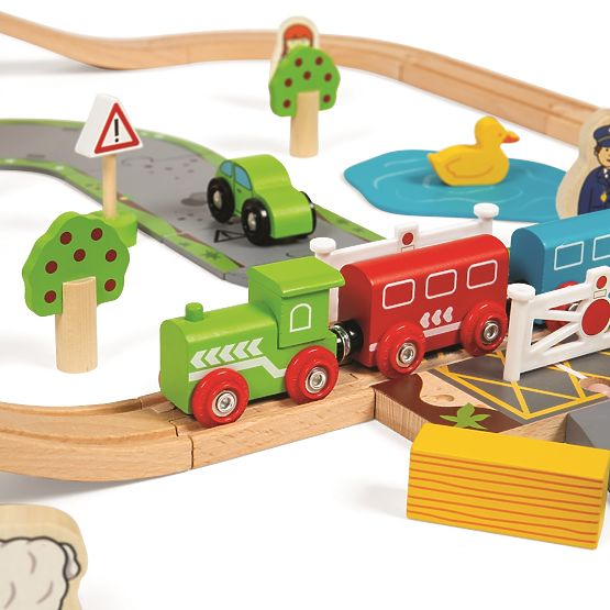 Bigjigs Rail Drvena željeznička pruga sa seoskom cestom 80 dijelova