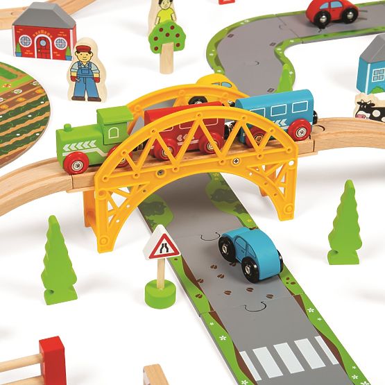 Bigjigs Rail Drvena željeznička pruga sa seoskom cestom 80 dijelova