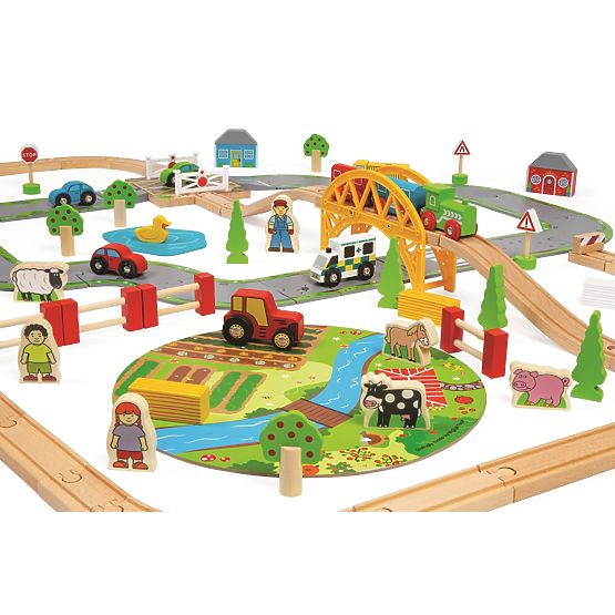Bigjigs Rail Drvena željeznička pruga sa seoskom cestom 80 dijelova