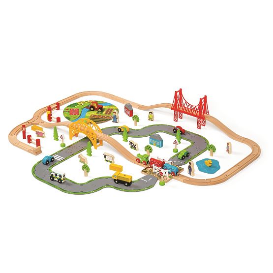 Bigjigs Rail Drvena željeznička pruga sa seoskom cestom 80 dijelova