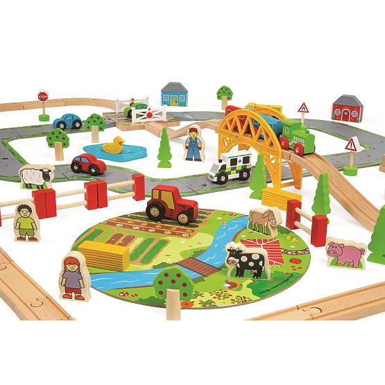 Bigjigs Rail Drvena željeznička pruga sa seoskom cestom 80 dijelova