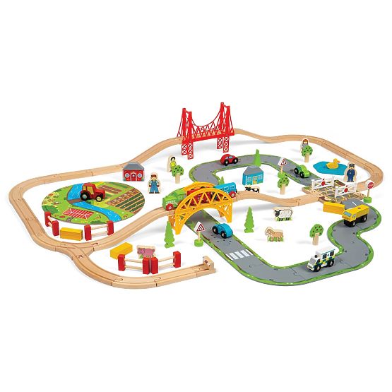 Bigjigs Rail Drvena željeznička pruga sa seoskom cestom 80 dijelova