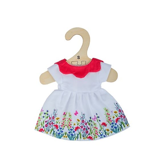 Bigjigs Toys Bijela cvjetna haljina s crvenim ovratnikom za lutku 25 cm