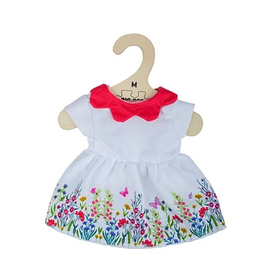 Bigjigs Toys Bijela cvjetna haljina s crvenim ovratnikom za lutku 34 cm