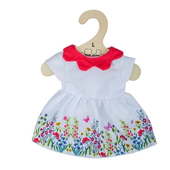 Bigjigs Toys Bijela cvjetna haljina s crvenim ovratnikom za lutku 38 cm