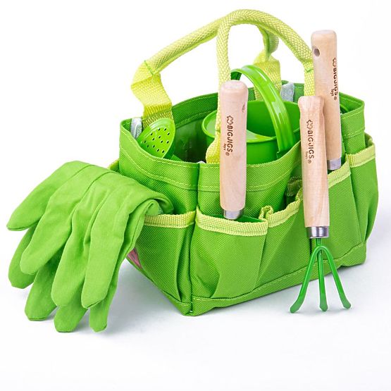 Bigjigs Toys set vrtnog alata u zelenoj platnenoj torbi