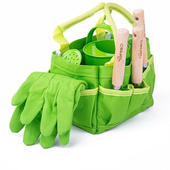 Bigjigs Toys set vrtnog alata u zelenoj platnenoj torbi