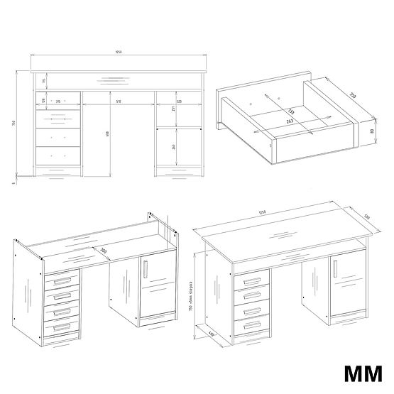 BIURKO ADA BIJELO 125 cm 4 Ladice Ormarić Police za Ured Soba za Laptop
