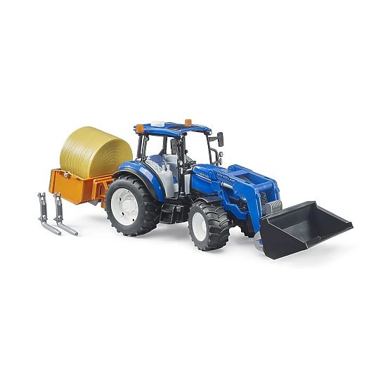 Bruder traktor New Holland T5.120 s prednjim utovarivačem, sandukom, vilicama i okruglim balama