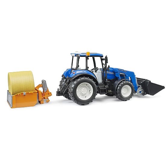 Bruder traktor New Holland T5.120 s prednjim utovarivačem, sandukom, vilicama i okruglim balama