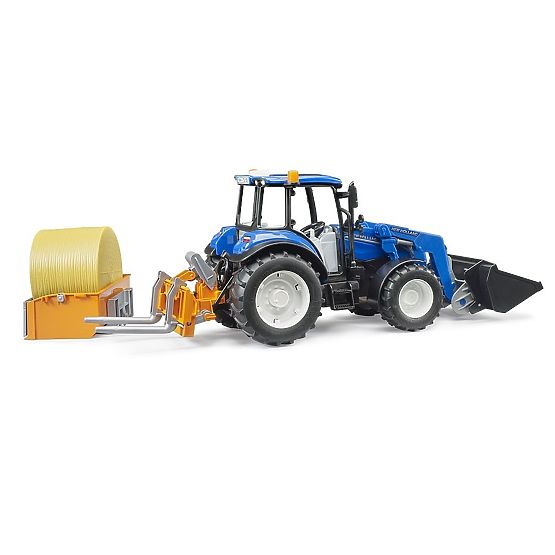 Bruder traktor New Holland T5.120 s prednjim utovarivačem, sandukom, vilicama i okruglim balama