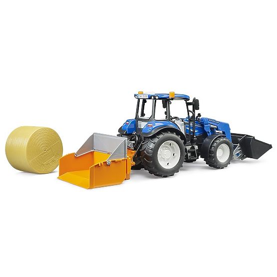 Bruder traktor New Holland T5.120 s prednjim utovarivačem, sandukom, vilicama i okruglim balama