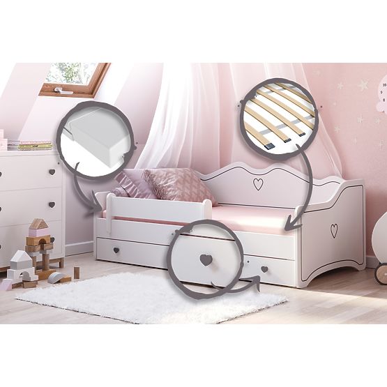 Dječji krevet EMMA s ladicom i zaštitnom ogradom 140x70 siva