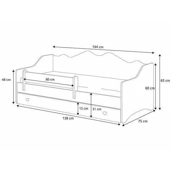 Dječji krevet EMMA s ladicom i zaštitnom ogradom 140x70 siva