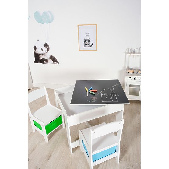 Dječji stol Ourbaby sa stolicama te plavim i zelenim kutijama za odlaganje