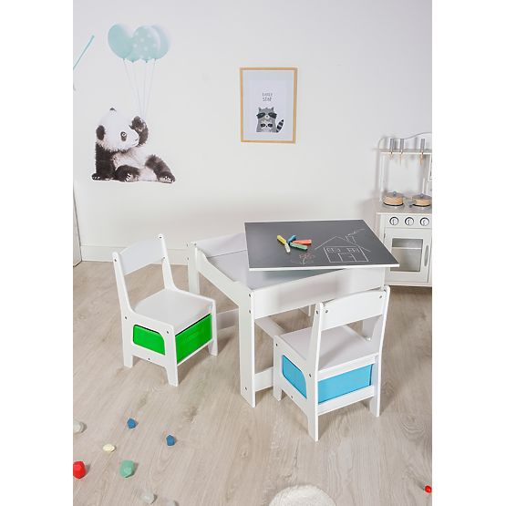 Dječji stol Ourbaby sa stolicama te plavim i zelenim kutijama za odlaganje