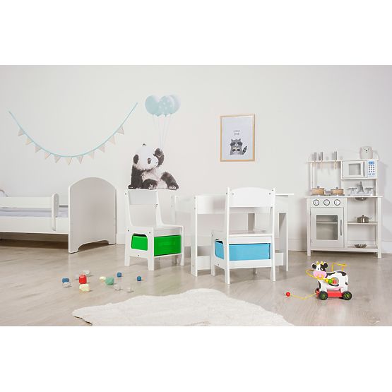 Dječji stol Ourbaby sa stolicama te plavim i zelenim kutijama za odlaganje