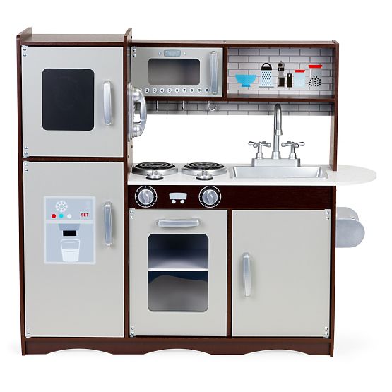 Velika drvena kuhinja za djecu s ormarićima i hladnjakom ECOTOYS