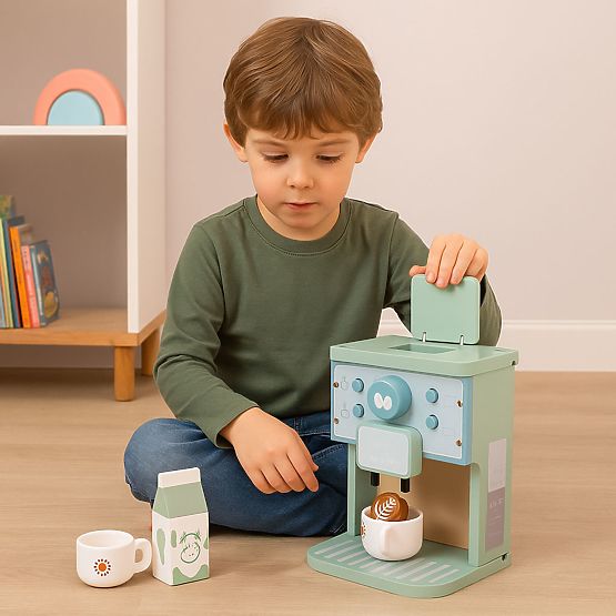 Drveni dječji aparat za kavu baristički set od 8 dijelova ECOTOYS