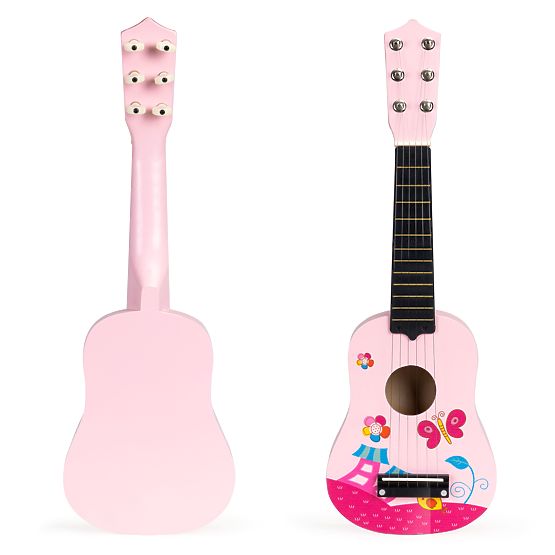 Drvena dječja gitara metalne žice trzalica ružičasta ECOTOYS