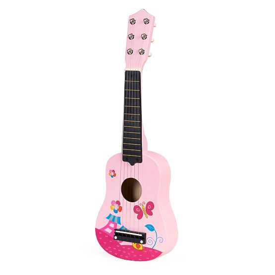 Drvena dječja gitara metalne žice trzalica ružičasta ECOTOYS