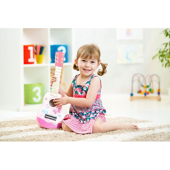 Drvena dječja gitara metalne žice trzalica ružičasta ECOTOYS