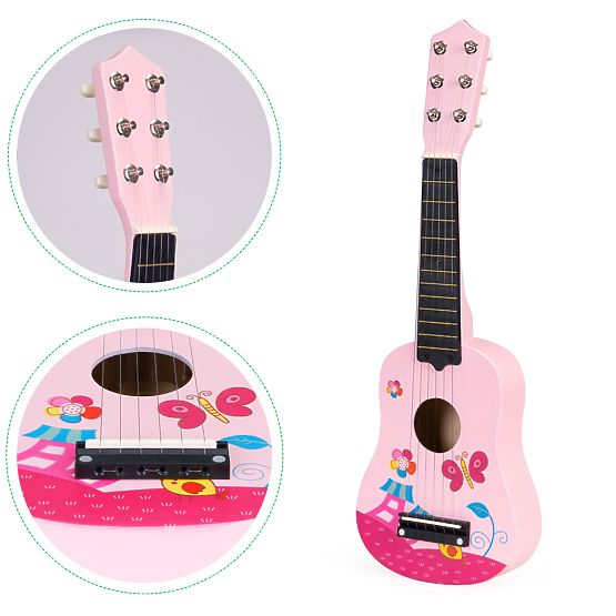 Drvena dječja gitara metalne žice trzalica ružičasta ECOTOYS