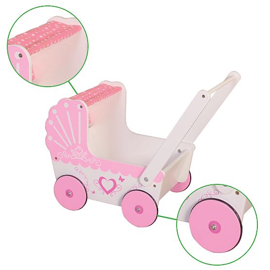 Drvena kolica za lutke s baldahinom ECOTOYS