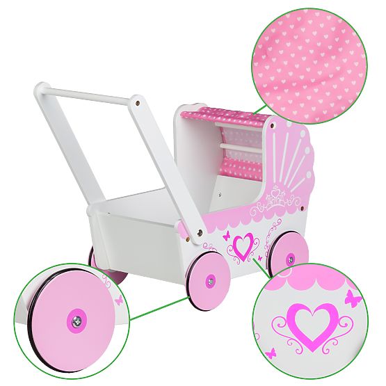 Drvena kolica za lutke s baldahinom ECOTOYS