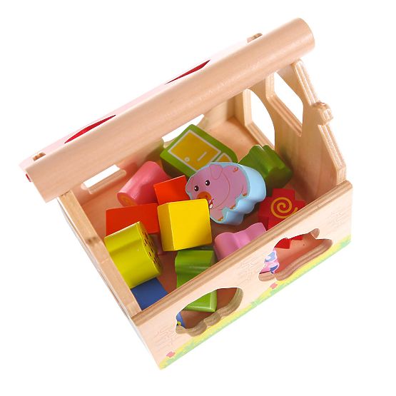 Drvena kućica, farma sortirka s kockama ECOTOYS