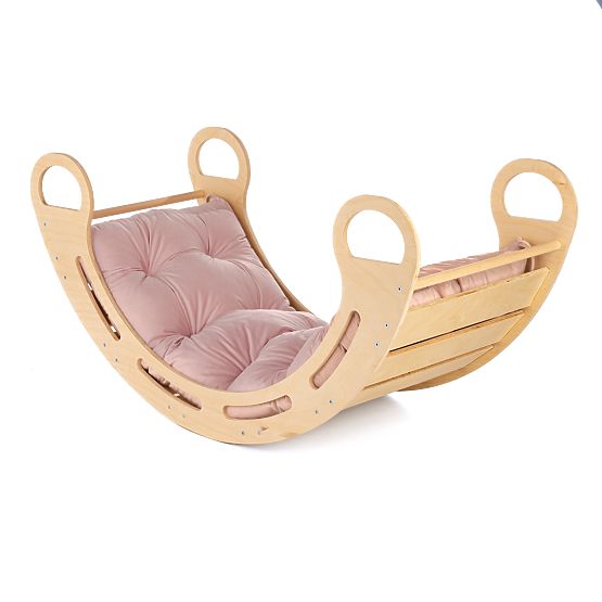 Drvena Montessori ljuljačka s ružičastim jastukom - 85 cm