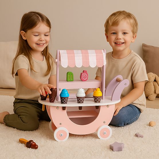 Drveni kolica za sladoled za djecu trgovina 12 elemenata ECOTOYS
