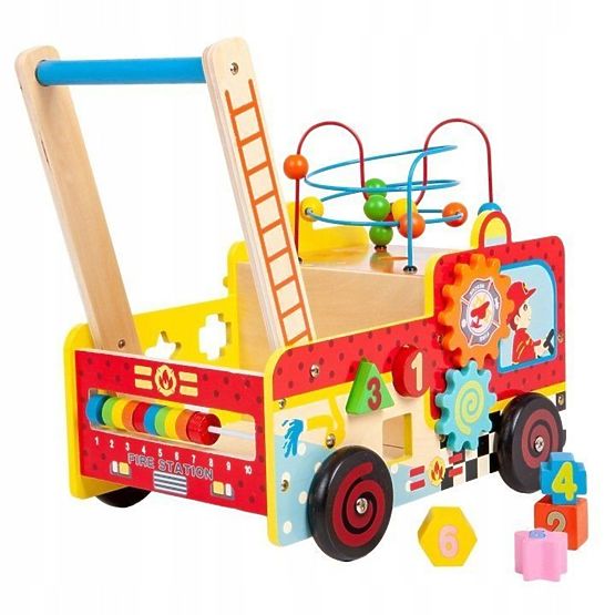 Drveni poučni hodalica s kockama - vatrogasno vozilo