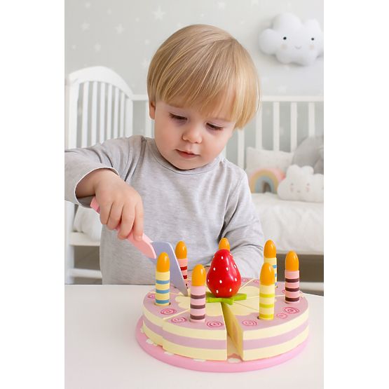 Drveni set torte na čičak svijeće jagoda za djecu 15 elemenata ECOTOYS