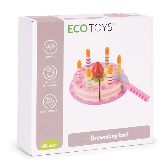 Drveni set torte na čičak svijeće jagoda za djecu 15 elemenata ECOTOYS