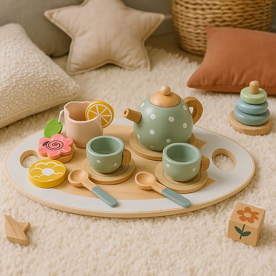 Drveni set za čaj s čajnikom i šalicama 14 komada ECOTOYS