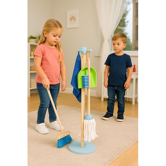 Drveni set za čišćenje za djecu mop metla s lopaticom 7 elemenata ECOTOYS