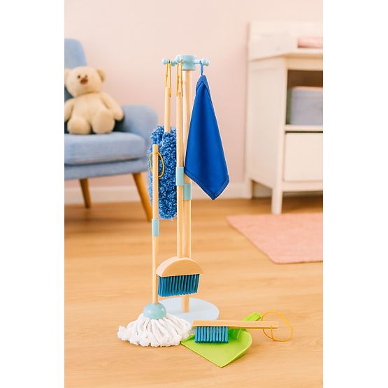 Drveni set za čišćenje za djecu mop metla s lopaticom 7 elemenata ECOTOYS
