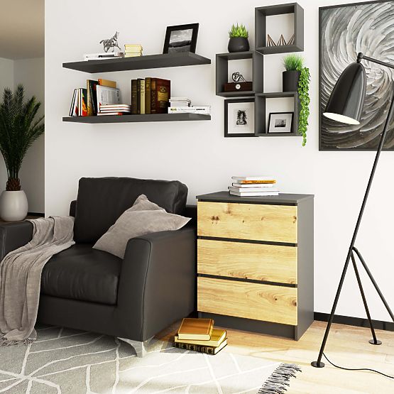 KOMODA K60 3 LADICE CLP GRAFIT SIVA / HRAST ARTISAN