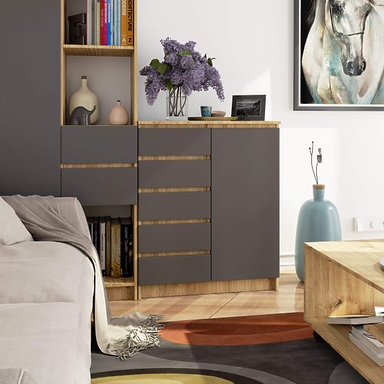 KOMODA K80 1D 5SZ PK HRAST ARTISAN / GRAFIT SIVA