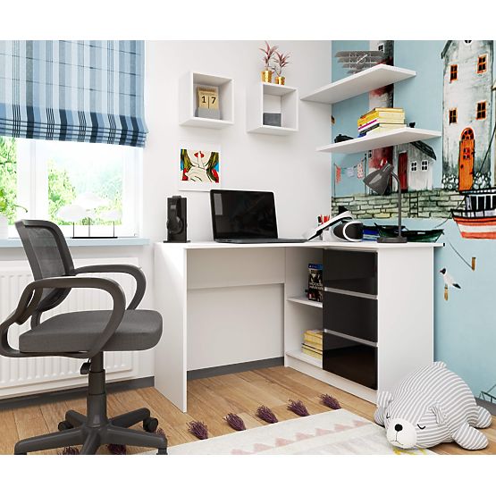 KUTNI PISAĆI STOL B16 124 cm DESNI 3 LADICE BIJELI MAT / CRNI VISOKI SJAJ