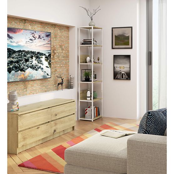 Metalni loft regal 50 cm - bijeli-hrast artisan - 6 polica