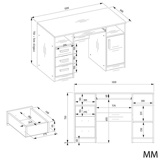 PISAĆI STOL DELTA HRAST ARTISAN 120 cm 3 Ladice Ormarić Polica Za Ured Soba Za Laptop