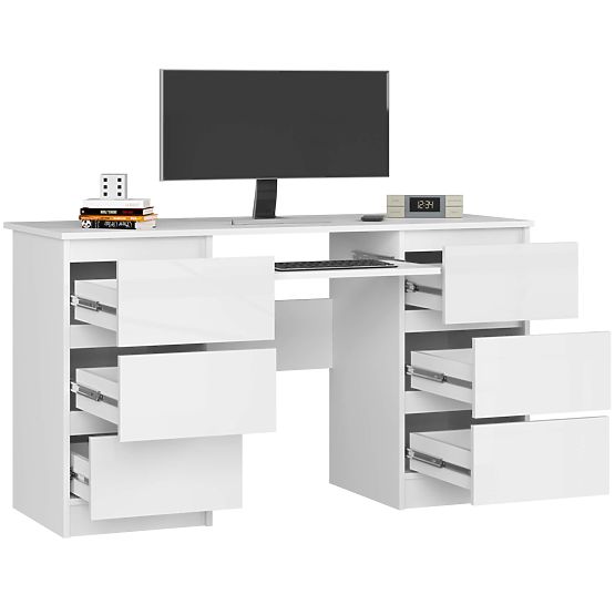 RAČUNALNI STOL A-11 135 cm 6 LADICA PK BIJELA / BIJELI SJAJ